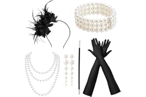 JAZRVR 6 Stück 20er jahre accessoires, 20er jahres, 1920 accessoir damen, gatsby accessoires damen, 20 Jahre Damen Accessoires Mit Haarbänder Handschuhe Ohrringe Halsketten Elegant Party Abschlussball