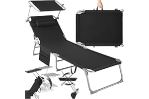 TecTake® Tumbona Jardín Exterior de Acero, Tumbona Plegable con Reposacabezas, Parasol y Bolsillo Lateral, Tumbona Playa Reclinable 6 Posiciones, para Piscina Resistente a Intemperie - Negra