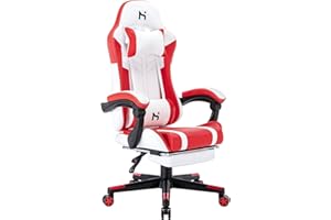 HLFURNIEU Sedia Gaming, Poltrona Gamer Altezza Regolabile, Sedia da Gaming con Poggiapiedi Telescopico, Gaming Chair Ergonomico con Poggiatesta e Supporto Lombare, Seduta Gaming Bianco e Rosso