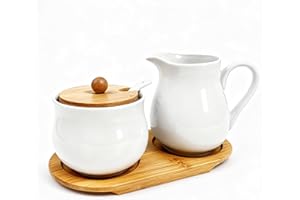 GBKDQQ Juego de leche y azúcar con tapa y cuchara, jarra de leche blanca de cerámica y azucarero con bandeja de madera, juego de azúcar para cocina, comedor, lavavajillas y microondas