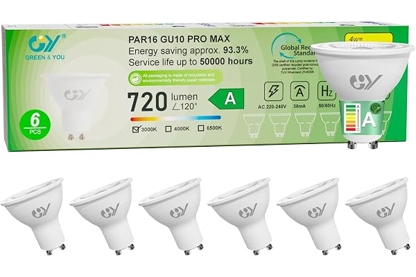 GY Bombilla Led GU10 4W(Equivalente a 60W), Luz Blanca Cálida 3000K, 720 Lúmenes, Ángulo de haz de 110°, No Regulable, Bombilla Bajo Consumo Clase A, Pack de 6