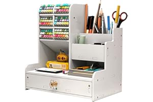 Vikmyer Portamatite in Legno, Organizer da Scrivania Portapenne Multifunzionale da Scrivania per Cancelleria per Ufficio a Casa Scaffale per Rifornimenti Scolastici con Cassetto (Bianco-pb17)