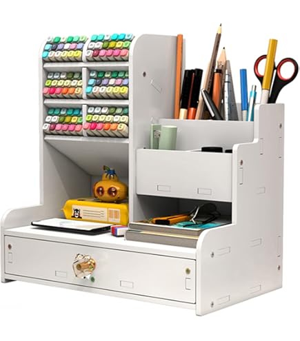 Organizer Da Scrivania In Legno Con Cassetto - 21x15x25.5 Cm, 12 Scomparti, Fai Da Te, Bianco - Foto 10