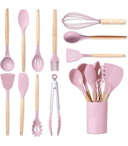 Set D'Ustensiles De Cuisine Kavolet - 11 Pièces En Silicone Anti-Rayures Avec Manche En Bois