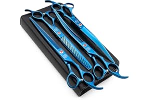 MOONTAY Professional 7.0"/8.0" Dog Grooming Scissors Set, 4-Pieces Straight, Upward Curved, Downward Curved, Thinning/Blending Shears for Dog, Cat and Pets, JP Stainless Steel