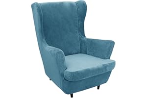LIFEDX Ohrensessel Überzug Samt Sesselbezug Ohrensessel 2 Teilig,Sessel-Überwürfe Ohrensessel Überzug,Sesselhusse Elastisch Stretch Husse Tiger Stuhlbezug mit Armlehne Hohe Rückenlehne,Peacock Blue