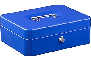 Jazooli Heavy Duty Metal Cash Money Coin Box Bank Deposit Steel Tin Security Safe Petty 2 Keys Lock Lockable Jewellery Passports Documents Security Case, Blue, 10”