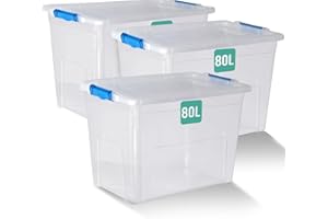 Klass Home Collection 3 x 80 Litre Large Plastic Storage Boxes With Lids - Heavy Duty Stackable 80L Large Storage Box With Lid, Big Plastic Containers For Home, Moving, Garage (3 x 80L, Clipping Lid)