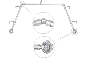 USFOOK 3/4inch Inch Bay Window Curtain Rods, Telescoping Silver Corner Curtain Rod 36-72 Inch(Center Rod), 20-36 Inch(Side Rods), Translucent Finials