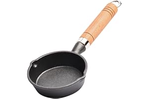 UPTALY Mini chauffe-beurre en fonte de 13 cm, avec poignée en bois, sans revêtement, petits poêles à omelettes avec bec verseur, pot à lait, poêle à œufs portable pour camping, casserole noire
