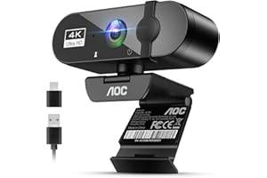 AOC Webcam for PC with Microphone, 4k Computer Camera with Noise Cancellation, Web Camera with Privacy Cover, 99° FOV, Plug & Play, Web Cam for Laptop, Desktop, PC, Zoom, Skype, Facetime, Conferencing