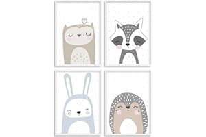 HappyArts® | Kinderzimmer Bilder A4 Poster 4er Set Deko Mädchen Junge Babyzimmer | Skandinavische Tiere Hase Igel Eule Waschbär OHNE RAHMEN