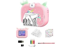 Robofun Camara Fotos Infantil, 48MP 1080P Cámara Instantánea para Niños con 5 Rollos de Papel para Impresión, 32 GB Tarjeta SD y Bolígrafos de Colores, Regalos para Niños de 3 a 14 Años (Rosa)