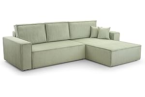 ‎HOMESPACE24 HomeSpace24 Ecksofa mit Schlaffunktion und Bettkasten - Eckcouch L-förmige zum Wohnzimmer, Klappsofa - Schlafcouch Minimalistisches Design, Schlafsofa Monte L: Minthe, Ecksofa Rechts
