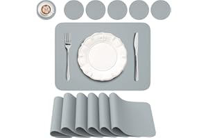 BANNIO Tovaglietta,PVC Tovagliette Cucina Lavabili Set di 6 Tovagliette e 6 Sottobicchieri,Tavola Antiscivolo Resistente al Calore Tovagliette per Tavola,41x31cm,Blu Grigio