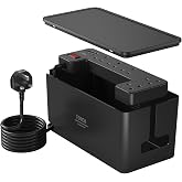 Black Extension Lead & Cable Tidy Box, FDTEK 5 Way Socket Extension with 4 USB Ports and Switch, Desk Cable Management Power