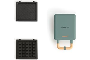 CREATE/STONE STUDIO/Sandwichera-Grill y gofrera individual verde sage / 2 placas intercambiables: Sandwich y Gofre, antiadherente, 1 rebanada, apertura 100º, autoapagado, asa tacto frío, 600W