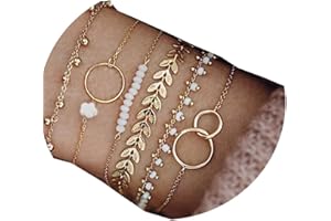 Jovono Lot de 6 bracelets bohème superposés en perles dorées avec chaîne de main et pampilles pour femmes et filles