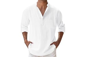 DWEVKEFUL Camicia Lino Uomo Manica Lunga Camicie Estiva Casual con Bottoni Shirts Collo Coreana Tinta Unita Camicie da Spiaggia Elegante Classiche Henley Shirts