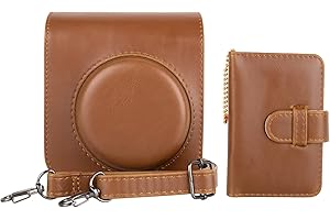 MUZIRI KINOKOO Case Album Set for Fujifilm Fuji/Fuji Instax Mini 12 Instant Film Camera, PU Leather Fuji Mini 12 Case with Shoulder Strap and 3 Inch Album in 28 Pockets - Retro Brown