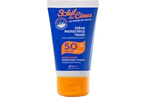 SOLEIL DES CIMES | Crème Solaire Protectrice Visage SPF50 - pour le Ski, les Sports d'Hiver et la Montagne - au Monoï de Tahiti et au Karité - Haute Protection et hydratation - Format voyage 40 ml