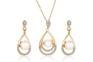 Copbopwn Necklace and Earring Sets for Women Pearl Necklace and Earrings Set Gold Jewellery Set Teardrop Zirconia Rhinestone Drop Earrings Necklace Pearl jewellery Sets for Women Brides