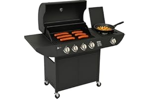 TOUCH OF VENETIAN Campfire Original Barbecue BBQ 5 Gas Burner 4+1 Garden Grill, Steel Warming Rack, Side-Burner, Storage & Built-in Temperature Gauge for Home Garden Party Outdoor Cooking, Wheels, Moveable, Portable