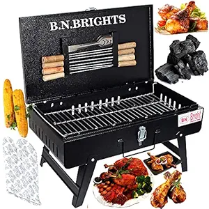 B.N.Brights Big Size Heavy Weight Briefcase & Picnic Metal Grill Charcoal Foldable Barbeque Grill Set Tandoor for Home with 8 Skewers, Grill, Glove, Tong & Free CHARCOAL PACKET(Black,1 Year Warranty)Grill Barbecue/Barbecue/Outdoor and Indoor Barbecue/Big Size Barbecue/Charcoal Barbecue/Barbecue Grill Set for Home/Barbecue Grill Set/Portable Barbecue/Picnic Barbecue/Best Barbecue for home/Barbecue for Business and Restaurant