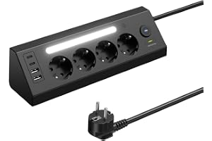 Hörngrenuttag 4-vägs flera uttag med Strömbrytare, Bordsuttag med 2USB C och 2 USB A, Grenuttag med överspänningsskydd, hörnuttag med LED-ljus för Kök och Skrivbord, 1.8M Kabel