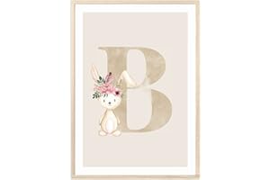 MeinBaby123® Poster con lettere DIN A4, per cameretta dei bambini, per ragazze e ragazzi, decorazione per la cameretta dei bambini, poster di nascita, lettera B (coniglio – B)