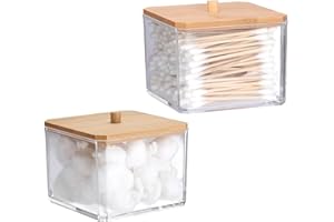SUMTree Lot de 2 supports carrés pour boules de coton en acrylique avec couvercle en bambou, distributeur de cotons-tiges, pot de rangement pour salle de bain, pot d'apothicaire en plastique pour