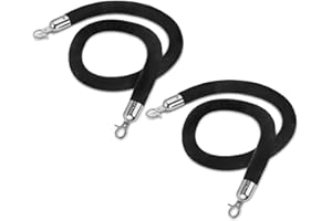 Flexzion,Cuerda de terciopelo (5 pies, 2 unidades), color negro de 3.8 cm de grosor para poste de barreras estilo superior, control seguro, terciopelo redondo con gancho pulido plateado