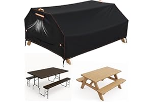 GARPROVM Picnic Bench Table Cover, 193x157x76cm Garden Picnic Table Cover Waterproof, 420D Outdoor Seating Seat Covers with Vent Straps Handles Buckles Drawstring, Black + Orange Reflective Lines