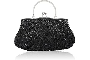 CORIOS Bolsa de Noche para Mujer Vintage Floral con Cuentas Clutch Embrague de Lentejuelas Bolsos de Fiesta Bolso de Boda Elegante Bolso de Hombro para Lujoso Fiesta de Graduación Banquete Negro