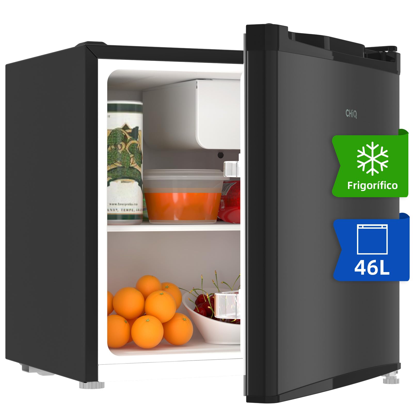 CHIQ Frigorífico Minibar capacidad 46L, Compresor incorporada, Botellero y Compartimiento Congelador, Control de Temperatura regulable, Bajo Nivel de ruido, Puerta Reversible, Color Negro - 1