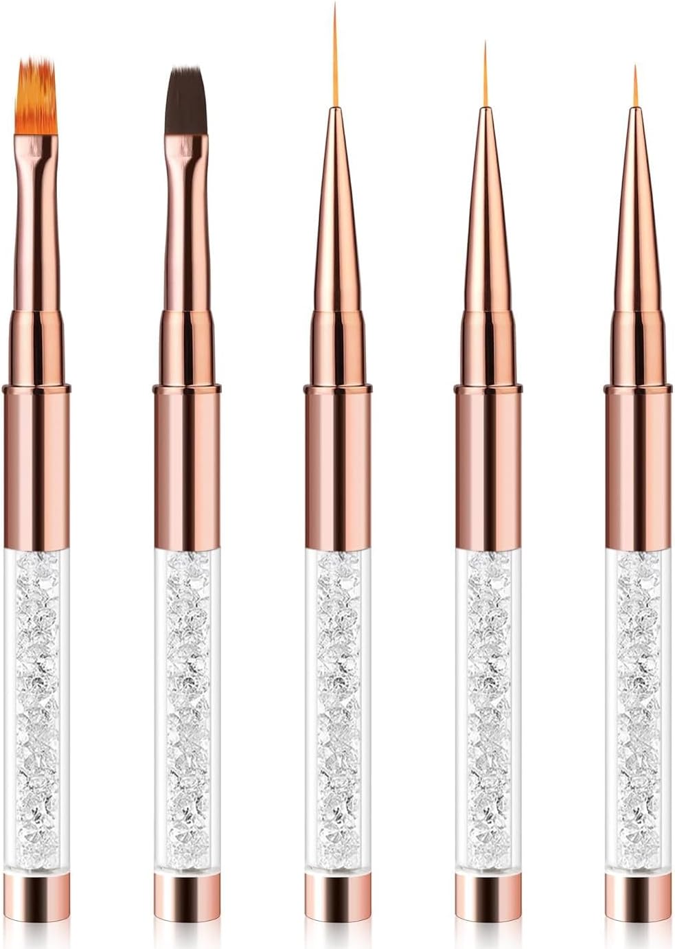 Pack de 5 Pinceles para Uñas de Gel, Juego de Pinceles Profesionales para Decoración de Uñas, Pincel Detallista, Pincel Plano, Herramientas para Diseños y Manicura DIY (Oro Rosa)