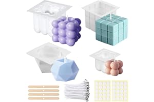 MILIAFLICK Kerzenform Silikon 4 Stück Silikonform Kerzen DIY Kerzenformen zum Gießen Formen und Kerzendocht Bubble Kerzen Selber Machen Set 3D Cube Kerzen Formen für Aromatherapie Kerzen Seife