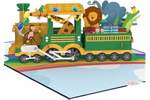 papercrush® Biglietto pop-up con treno di compleanno - Divertente biglietto di auguri 3D con ferrovia, animali e regali per bambini (bimba, bimbo, figlia, figlio, nipote) con busta per dono in denaro