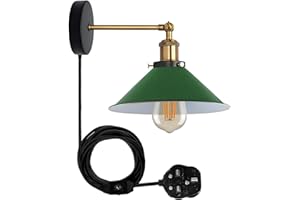 LEDSONE Industrial Green Plug in Wall Light Fixture, Vintage 2m Fabric Cable 3 Pin With Dimmer Switch Wall Mounted Sconce Adjustable Arm 180º E27 Base Antique Retro Metal 22cm Shade (Green, With Bulb)
