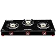 Surya Flame PNG Gas Stove 3 Burner with Brass Smart Glass Top Cooktop ISI Certified Doorstep Services 2 Years (Three Burner Black)