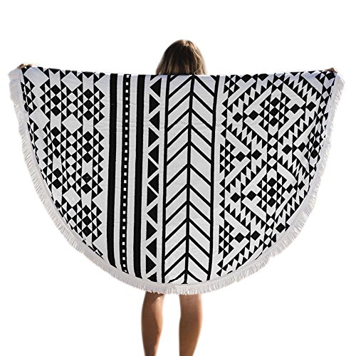 TopTie Round Beach Towel Boho Gypsy Cotton Tablecloth Picnic Towel Yoga Mat - White Geometry