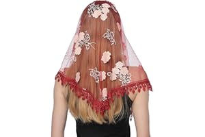 SAMHENG SanHeng Damen Spitze Mantilla Schleier Dreieckschal Blumenmuster Katholischer Kirchenschleier Kapellenschleier Kopfbedeckung Stickerei Quaste Schal Stola Kirche Latin Mass Hochzeit Haarschmuck