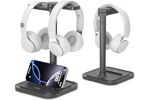 KDD Doble Soporte Auriculares de Sobremesa - Soporte Cascos Gaming Giratorio con Soporte para Teléfono - Base Antideslizante Extraíble Accesorios Escritorio para Oficinas y Sala de Juegos