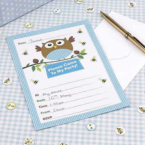 Little Owls, Baby Boy Invitation for Baby Shower, Christening, Baby Naming or little boy's party. Pack of 10 with envelopes