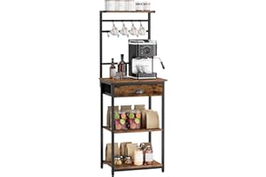 YMYNY Scaffale da Cucina, Porta-caffè in legno a 5 livelli, Scaffale per macchina del caffè, Organizzatore di 12 ganci, Cassetti in tessuto, 33 x 43 x 134,5 cm, per Soggiorno, Ufficio, Marrone HBR009H