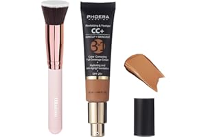 HILARECO PHOERA CC+ Cream,Full Coverage Foundation，Color Correcting Cream,Anti Aging Hydrating Serum & SPF 25+ Sunscreen - Natural Finish - 1.08 fl oz (180 Tan)
