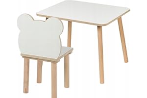 PlayPals Furniture Kindertisch + Bärenstuhl Set 60×50×47 cm – Kinder Tisch & Stuhl aus MDF & Holz – weißes Design mit natürlichem Finish – abgerundete Kanten, kindersicher, stabil – 3–7 Jahre