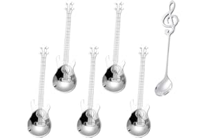 TUSINA 5 Cucharas de Café de Guitarra y 1 de Notas Musicales, Interesante Regalo de Decoración Musical, Postre de Acero Inoxidable para Café Con Leche (Plata)