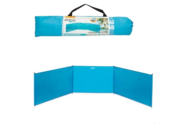 AKTIVE Coupe-Vent de Plage, 300X75, 85 cm, Bleu, 3 Panneaux, Tissu Polyester 170T, Protection UV30, Tiges en Aluminium, 4 Piquets Inclus, Sac de Transport avec Poignée, Coupe-Vent Pliable (53441)