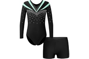 Runhomal Kinder Mädchen Metallic Gymnastikanzug Turnanzug Langarm Trikot Body mit Shorts Set Ballettbody Gymnastik Leotards Sportbody für Tanz Gym Workout